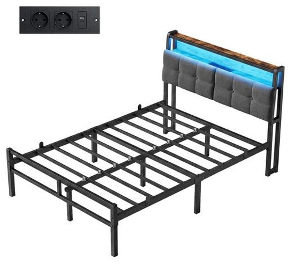 VASAGLE Metallbett 120 x 200 cm mit LED-Beleuchtung, Steckdosen und Stauraum Schwarz