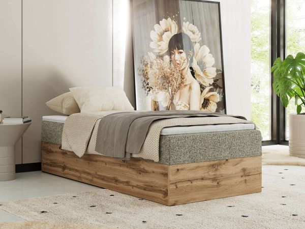 Boxspringbett, Einzelbett WOOD ZERO 90 x 200 cm, Hotelbett ohne Kopfteil, Bett mit Stauraum, 7-Zonen Multipocket-Matratze - Grau Strukture - H4 - Topper Visco