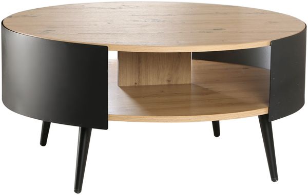 Casâme Runder Couchtisch mit 2 Ebenen und schwarzen Metallseiten Ø 80 cm - EKLO - Eiche