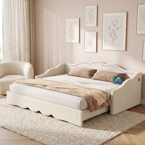 Polsterbett, Daybett, Tagesbett, Sofabett, Schlafsofa, Tagbett 90x200 cm, ausziehbar auf 180 cm, mit LED und USB-Anschluss, Beige Samt