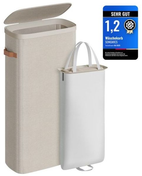 SONGMICS Wäschekorb, 65 L Wäschesammler, Wäschetonne mit Deckel und Griffen, 39 x 22 x 75 cm, beige