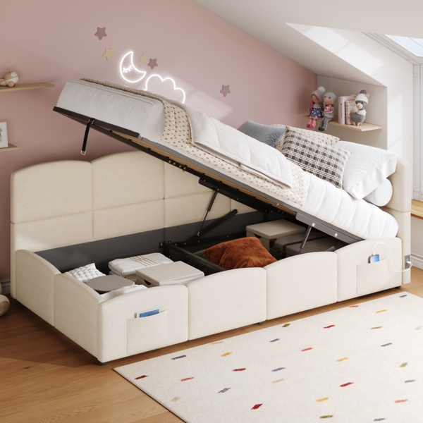 Merax Polsterbett, Kinderbett, Einzelbett, Stauraumbett, Schlafsofa 90x200 cm, mit Lattenrost, USB-Ladegerät, Stautasche, Jugendbett, Boucle-Stoff, beige (ohne Matratze)