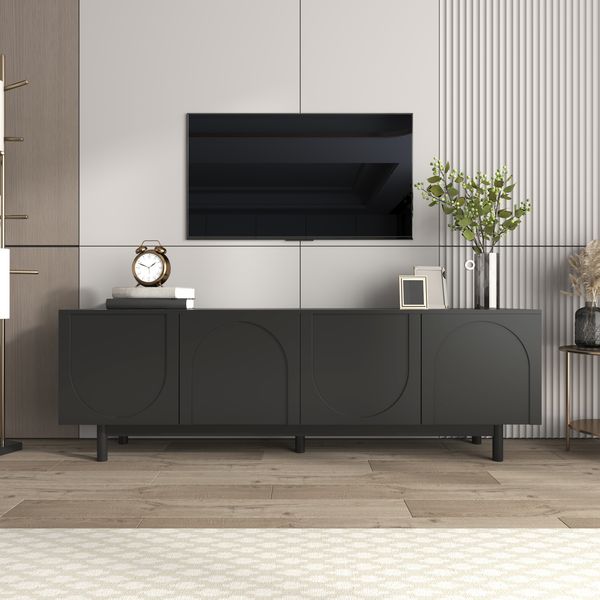 TV-Lowboard aus MDF/Spanplatte mit Push-to-Open & verstellbaren Einlegeböden, 175x38x56 cm, Schwarz