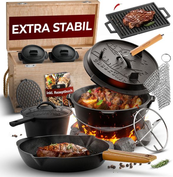 Gusseisen Set 10-teilig in Holzbox – Dutch Oven 4,5 l, Pfanne Ø 26 cm, Grillplatte, Zubehör & Rezeptbuch, ideal für Grill & Outdoor