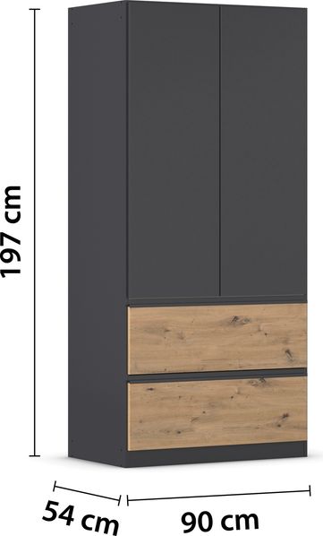 rauch Kleiderschrank, Drehtürenschrank COSTA, 2-türig, 2 Schubkästen, push-to-open, Grau metallic, 91 x 197 x 54 cm Bild 4