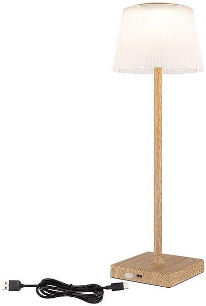 LED Tischleuchte, Touchdimmer, USB Akku, Holzoptik, H 38 cm
