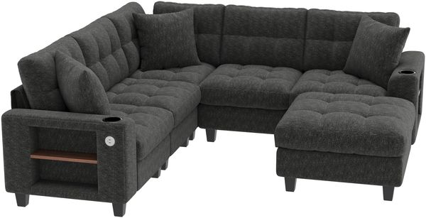 Merax U-förmiges XXL-Modulares Ecksofa, 6-Sitzer Chenille-Sofa mit Bücherregal-Armlehnen, beweglichem Hocker für L- und U-Form, Becherhalter & USB-/USB-C-Anschlüsse, Grau Bild 9
