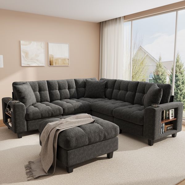 Merax U-förmiges XXL-Modulares Ecksofa, 6-Sitzer Chenille-Sofa mit Bücherregal-Armlehnen, beweglichem Hocker für L- und U-Form, Becherhalter & USB-/USB-C-Anschlüsse, Grau