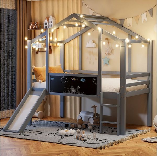 Flieks Hochbett Kinderbett Hausbett 90x200cm mit Graffiti-Tafel, Leiter und Rutsche