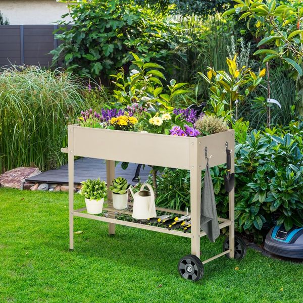 Metall Hochbeet mit Ablage & 2 Rollen & Haken & Griff Erhöhtes Gartenbeet Pflanzkasten Weiß