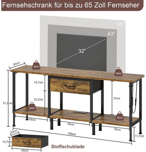OYRREU TV-Schrank 120cm, Fernsehschrank mit LED-Beleuchtung, Steckdosen & USB App-gesteuerte Mehrfarben-LED-Beleuchtung