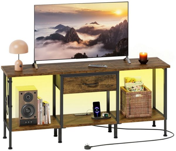 OYRREU TV-Schrank 120cm, Fernsehschrank mit LED-Beleuchtung, Steckdosen & USB App-gesteuerte Mehrfarben-LED-Beleuchtung Bild 3