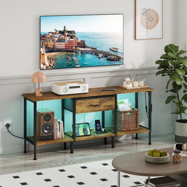 OYRREU TV-Schrank 120cm, Fernsehschrank mit LED-Beleuchtung, Steckdosen & USB App-gesteuerte Mehrfarben-LED-Beleuchtung