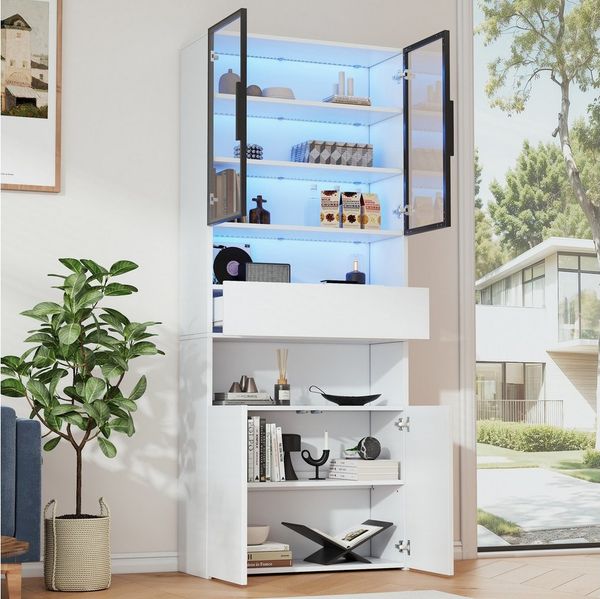 Merax Glasvitrine schmal Standvitrine mit LED und Aluminiumrahmen Glastüren (70x30x200cm, 1-St, Hochschrank Standregal Schrank) Vitrine mit offenen Ablageflächen, Schubladen Glastüren & Stauraum
