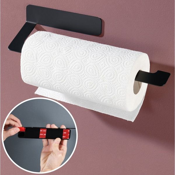 DEKAZIA Küchenrollenhalter ohne Bohren, Selbstklebender Papierrollenhalter Küche, (inkl. Klebeset, zwei Farben Schwarz-matt / Edelstahl gebürstet), Küchenpapierhalter Wand, Küchenrolle, Edelstahl rostfrei