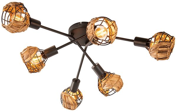 LED Deckenleuchte, schwarz, braun, dimmbar, Grasgeflecht, D 67 cm