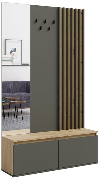 Lomadox Garderobe DAVIS-166, Eiche graphit Lamellen Design Spiegel Kleiderhaken 120x202x34 cm