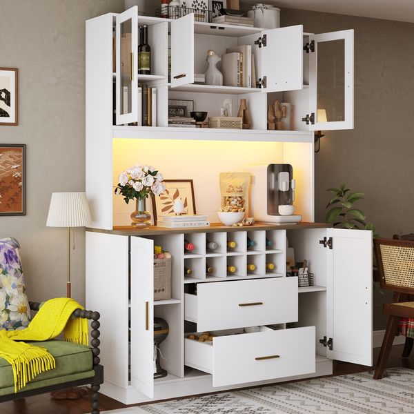 Merax 180cm Seitenschrank, Aufbewahrungsschrank, Küchenschrank, Anrichte, mit LED-Beleuchtung und Steckdose, sechs Türen, zwei große Schubladen, weiß