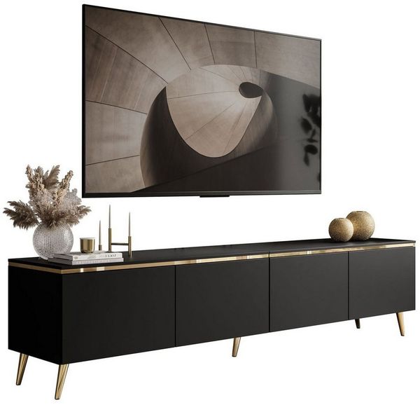 Lookway TV-Schrank CELINE Schwarz Matt auf goldenen Füßen mit LED-Beleuchtung Breite: 200 cm