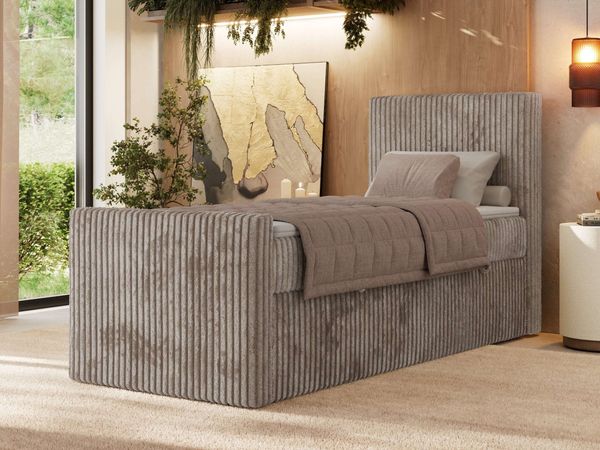 Bett mit Matratze, Boxspringbhett TILIANO DUO 90, Einzelbett 90 x 200 cm, Multipocket-Matratze 7-Zonen-Taschenfederkern - Hellbraun Cordstoff - H4 - Rechts - Topper T25