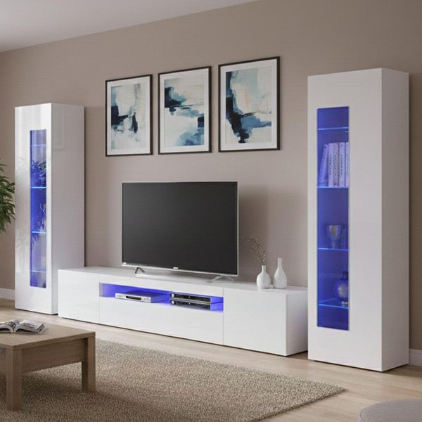 Dmora - Ausgestattete Wand Enzo, TV-Ständer-Wohnzimmerset, Mehrzweck-Wohnzimmermöbel mit LED-Licht, 100 % Made in Italy, 290 x 40 x 162 cm, glänzendes Weiß,