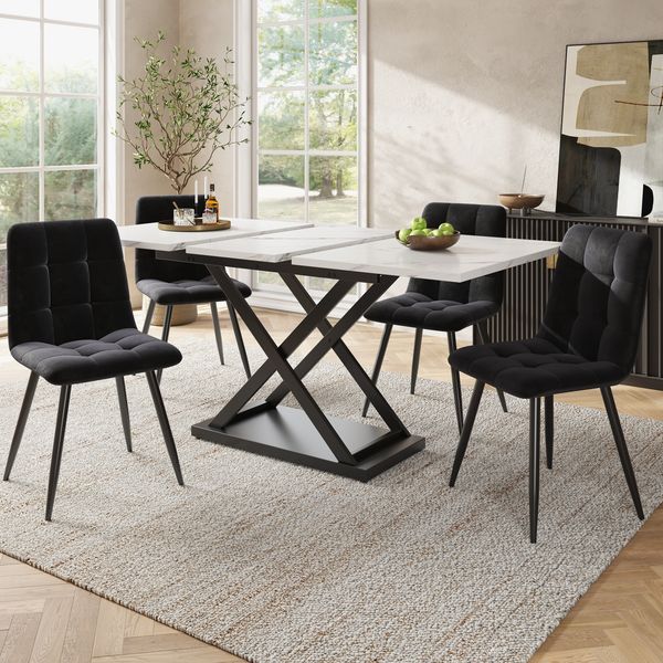 Esstisch Set mit 4 Stühlen Ausziehtisch 120-160x80 cm Metallkreuzbeine Samtstühle Essgruppe Küchentisch Esszimmer Weiß & Schwarz