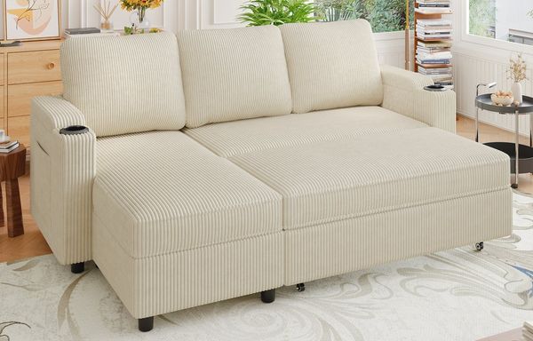 HOMALL Ecksofa Multifunktionaler Stauraum Ausziehbares L-förmiges Schlafsofa, Integrierter spritzwassergeschützter Getränkehalter, Seitentaschen, internes Staufach
