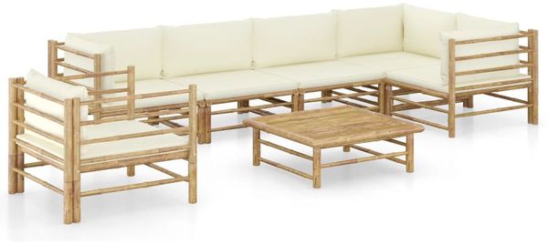 vidaXL 7-tlg. Garten-Lounge-Set mit Cremeweißen Kissen Bambus 3058247