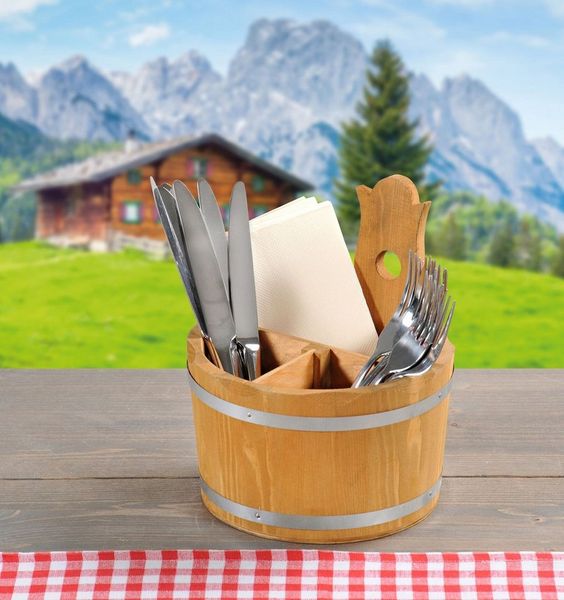 Gravidus Besteck-Set Besteckbehälter aus Holz rund 17x20cm mit Griff und 3 Fächern, Holz