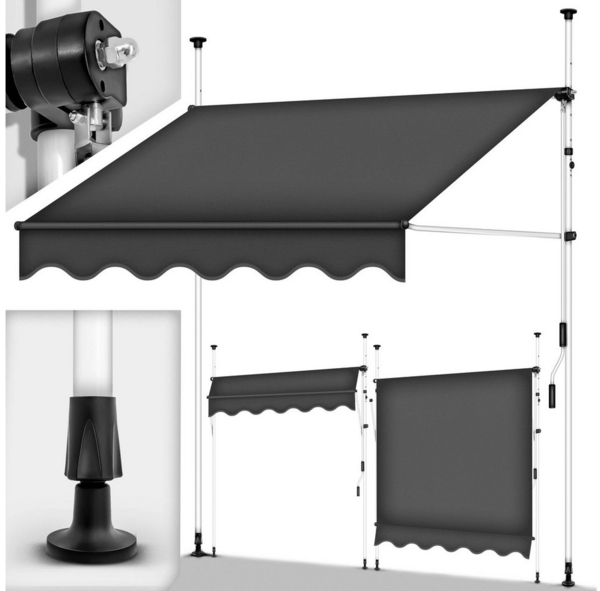 tillvex Balkonmarkise 150 cm Grau Gelenkarm Markise Klemmmarkise Sonnenmarkise Balkon ohne Bohren