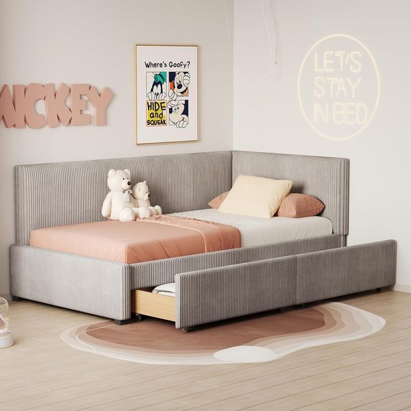 Ball & Cast Schlafsofa (90x200cm) mit Schublade und Weicher Rückenlehne, Polsterbett aus Hautfreundlichem Samtstoff, Einfach & Zeitsparend Montierbar, Grau