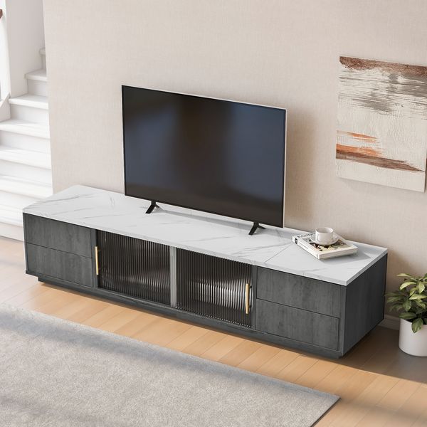 TV-Lowboard mit 4 Schubladen & Glastüren, 160 x 40 x 38,5 cm, Grau