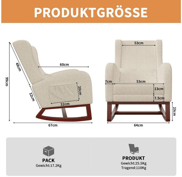 FUROKOY Schaukelstuhl Relaxsessel Stillsessel mit Holzsockel Fußstütze (Set, 1 St), Schaukelsessel,Leinenstoff,2 Seitentaschen,1 Lendenkissen,Beige