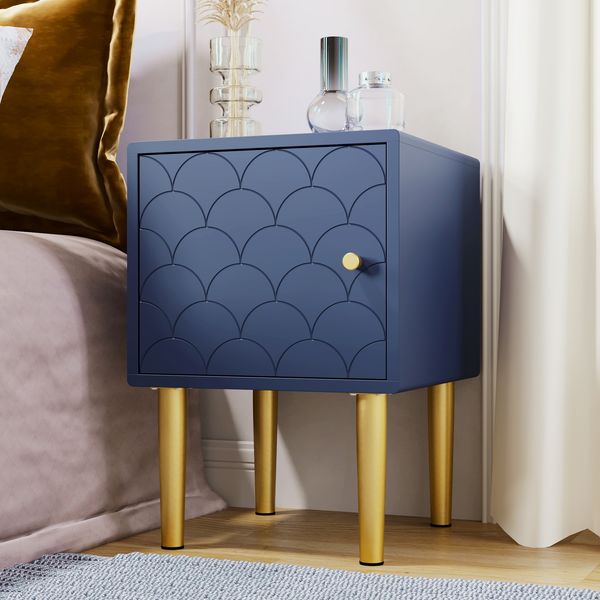 2er Set Nachttisch marineblau mit Fischschuppenmuster, Metallbeinen & Schublade, abgerundet, flexible Griffmontage