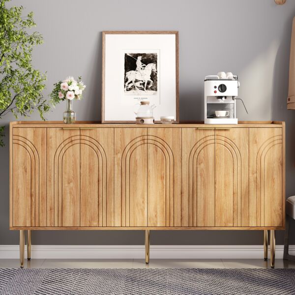 Sideboard 140 x 38 x 75 cm aus MDF in Natur-Holzoptik mit 4 Türen & goldfarbenen Metallbeinen