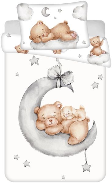 Babybettwäsche Set Teddy im Mond „Ribbon“ 100x135 cm 100% Baumwolle