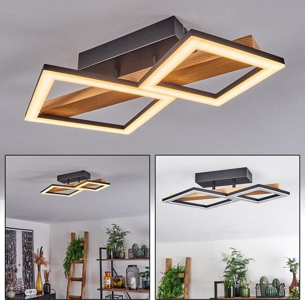 hofstein Deckenleuchte »Stoccareddo« Deckenlampe, Metall/Holz/Kunststoff, Schwarz/Natur/Weiß, 3000 Kelvin, Leuchte mit Balken aus Echtholz, 1150 Lumen, 1xLED 19 Watt