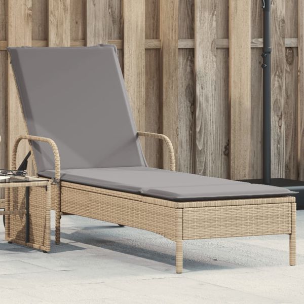 Sonnenliege, Gartenliege mit Rollen und Auflage Beige Poly Rattan