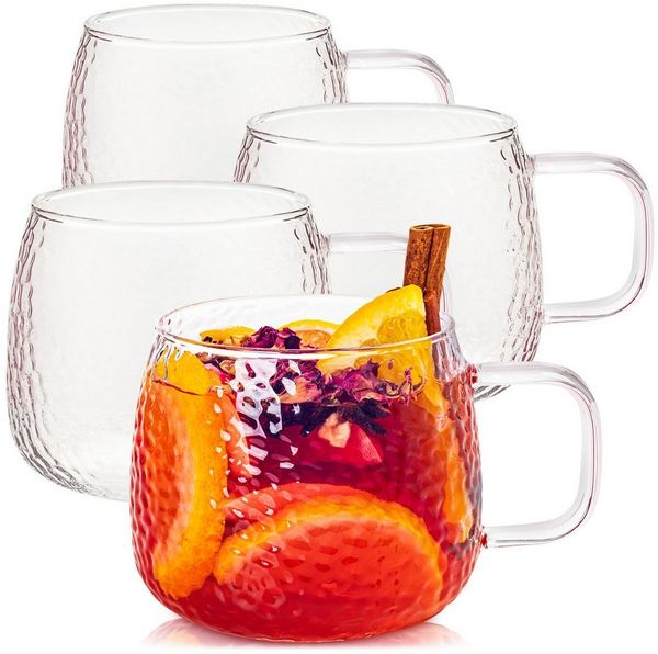 KONZEPT Teeglas mit Henkel 2/4-er Set, Teetasse 420 ml, Tassen Set aus Borosilikatglas, 4-tlg, ideal für Kaffee, Tee, Eiskaffee, Matcha, Kakao und heiße Schokolade