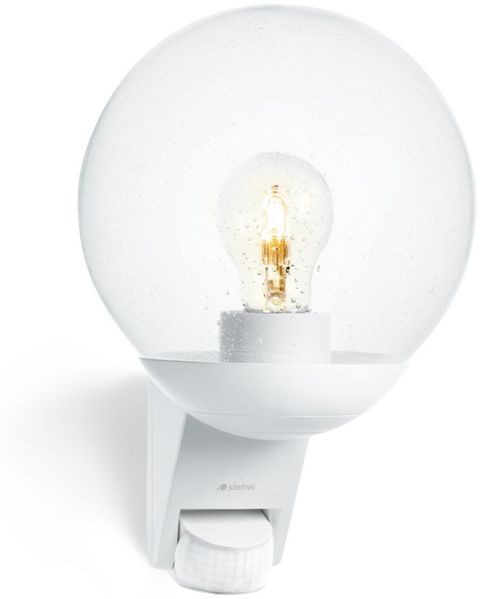 Steinel Außenleuchte L 595 S weiß, E27 max. 60 W, 180°-Sensor max 10 m Reichweite, mundgeblasener Glaskörper