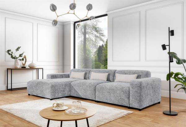 Ecksofa Designersofa ROMY MAX in Stoff Enjoy Me Hellgrau Ottomane Links