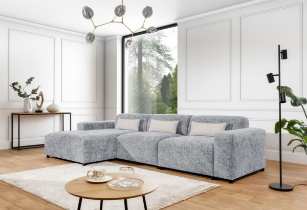 Ecksofa Designersofa ROMY MAX in Stoff Enjoy Me Hellgrau Ottomane Links