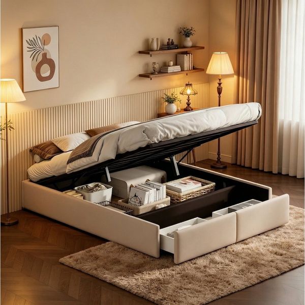 Simurq Polsterbett Stauraumbett Doppelbett Bettgestell 160x200 cm (Geeignet für kleine Wohnungen), mit Komforthöhe, Leises Design Bett Mit Lattenrost