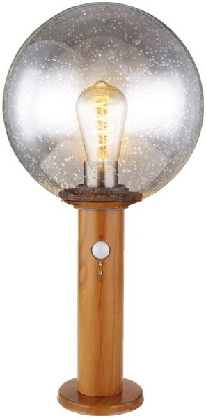 LED Sockellampe, Glaskugel, Holzoptik, Bewegungsmelder, H 38 cm