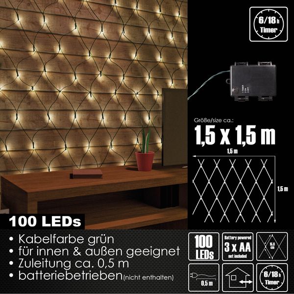 LEX 100 LED Lichternetz, Warmweiß, 1,5x1,5 m, IP44, Timer