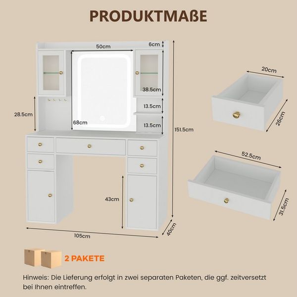 YOUDENOVA Schminktisch mit 5 Schubladen – RGB-Beleuchtung & LED-Spiegel, 105x40x151,5cm (1-St), Mit Ladestation & Reichem Stauraum für Beauty-Essentials