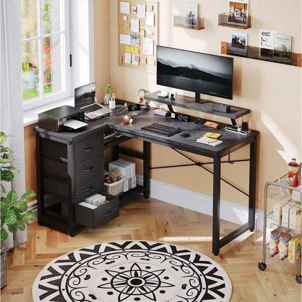 HOMALL Eckschreibtisch 140/160 cm Schreibtisch mit Schubladen, Monitorhalterung, Gaming-Tisch (Verfugt ber ver Schubladen eine Haupteinhert Halterung verstellbare FuBe mt rutschfesten Polstern und st berdsetig monterbar)