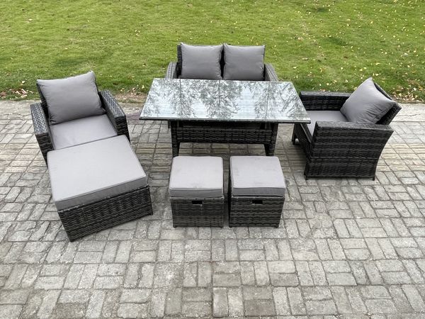 Fimous 7 Sitzer Polyrattan Gartenmöbel Set Terrassenmöbel Set mit Rattan Rechteckiger Esstisch Lounge Sofa mit 3 Fußhockern