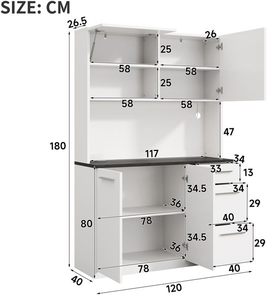 Merax Buffetschränke, Esszimmer-Hochschrank 120×40×180 cm, mehrstufigem Stauraum, integrierter Steckdose sowie USB-C- und USB-A-Anschlüssen,Mit farbigem Lichtstreifen, Weiß Bild 4