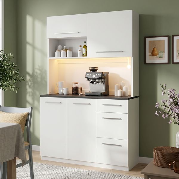 Merax Buffetschränke, Esszimmer-Hochschrank 120×40×180 cm, mehrstufigem Stauraum, integrierter Steckdose sowie USB-C- und USB-A-Anschlüssen,Mit farbigem Lichtstreifen, Weiß